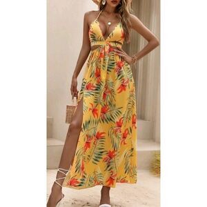 Women's Tropical Print Backless Knot Halter Neck Slit Thigh Dress Size M